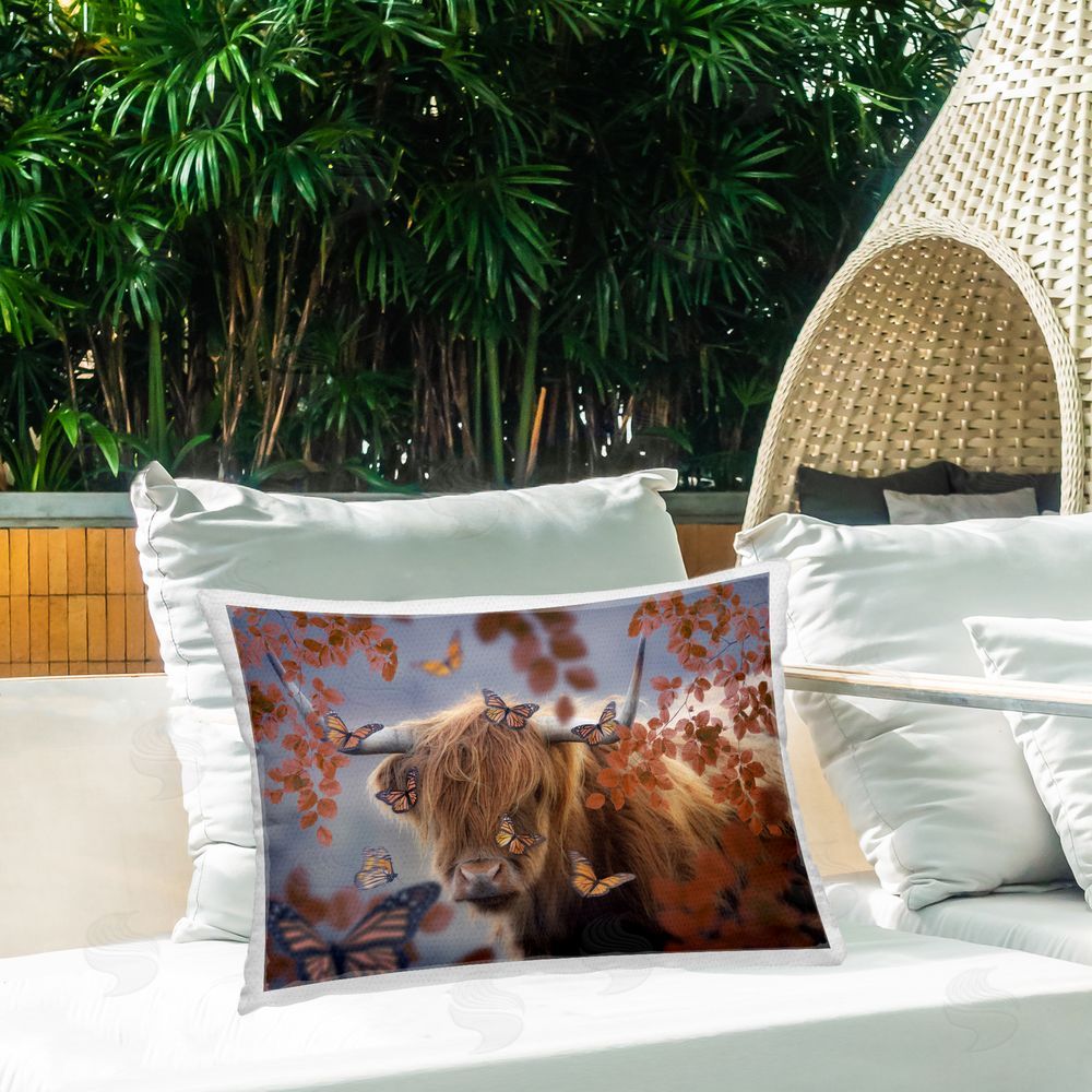 Reinders Monarch Butterflies & Cattle Outdoor Quick-Dry Polyester Printed Throw Pillow in Back Yard
