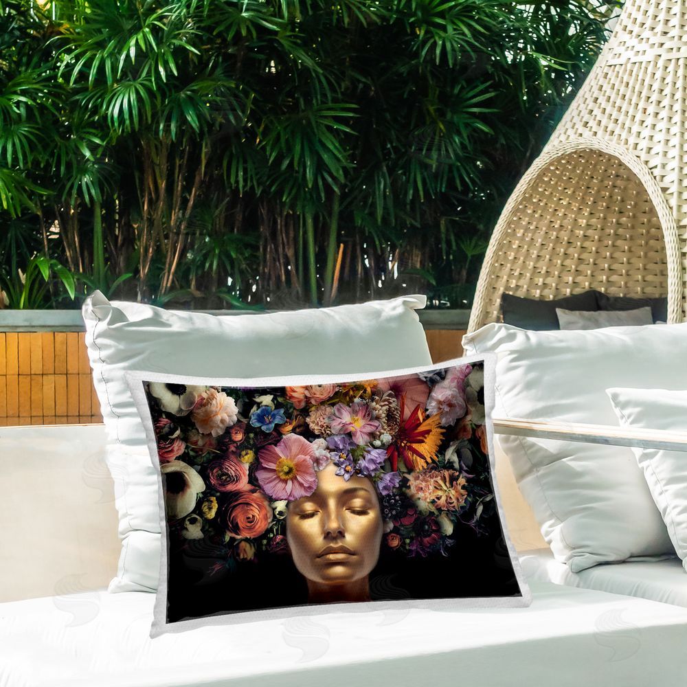 Reinders Gold Face with Flowers Outdoor Quick-Dry Polyester Printed Throw Pillow in Back Yard