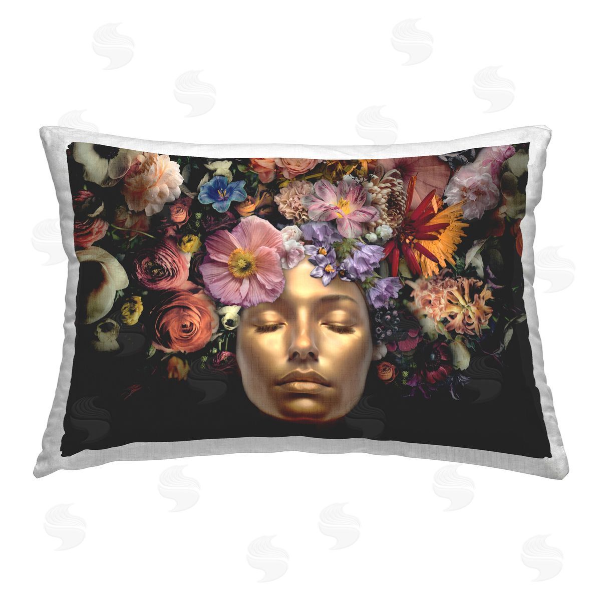 Reinders Gold Face with Flowers Printed Plush Polyester Throw Pillow