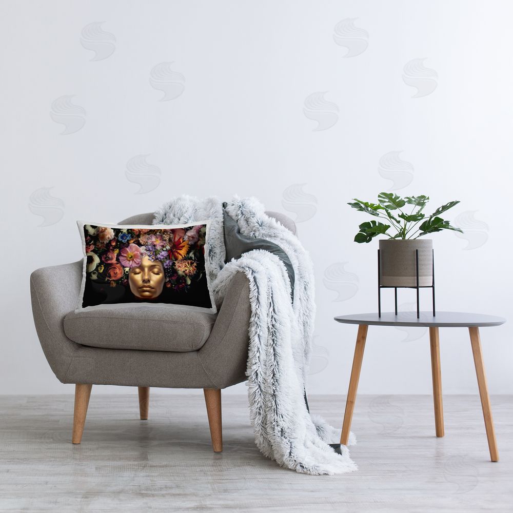Reinders Gold Face with Flowers Printed Plush Polyester Throw Pillow On Chair