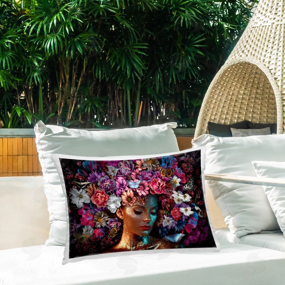 Reinders Glitz Woman with Florals Outdoor Quick-Dry Polyester Printed Throw Pillow in Back Yard