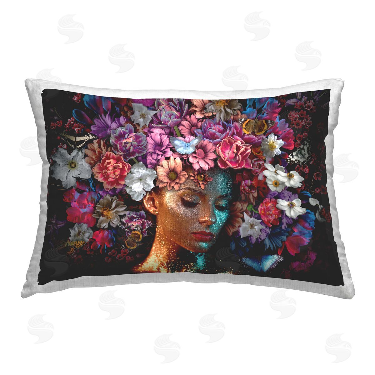 Reinders Glitz Woman with Florals Printed Plush Polyester Throw Pillow