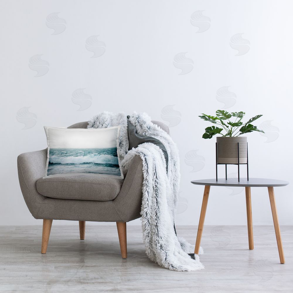 Nataly White Beach Waves Horizon Printed Plush Polyester Throw Pillow On Chair