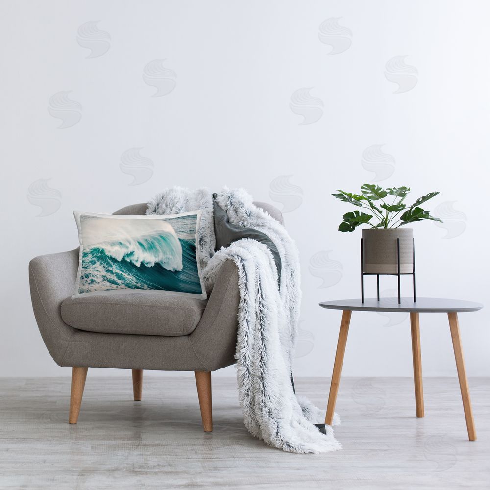 Nataly White Large Breaking Wave Printed Plush Polyester Throw Pillow On Chair