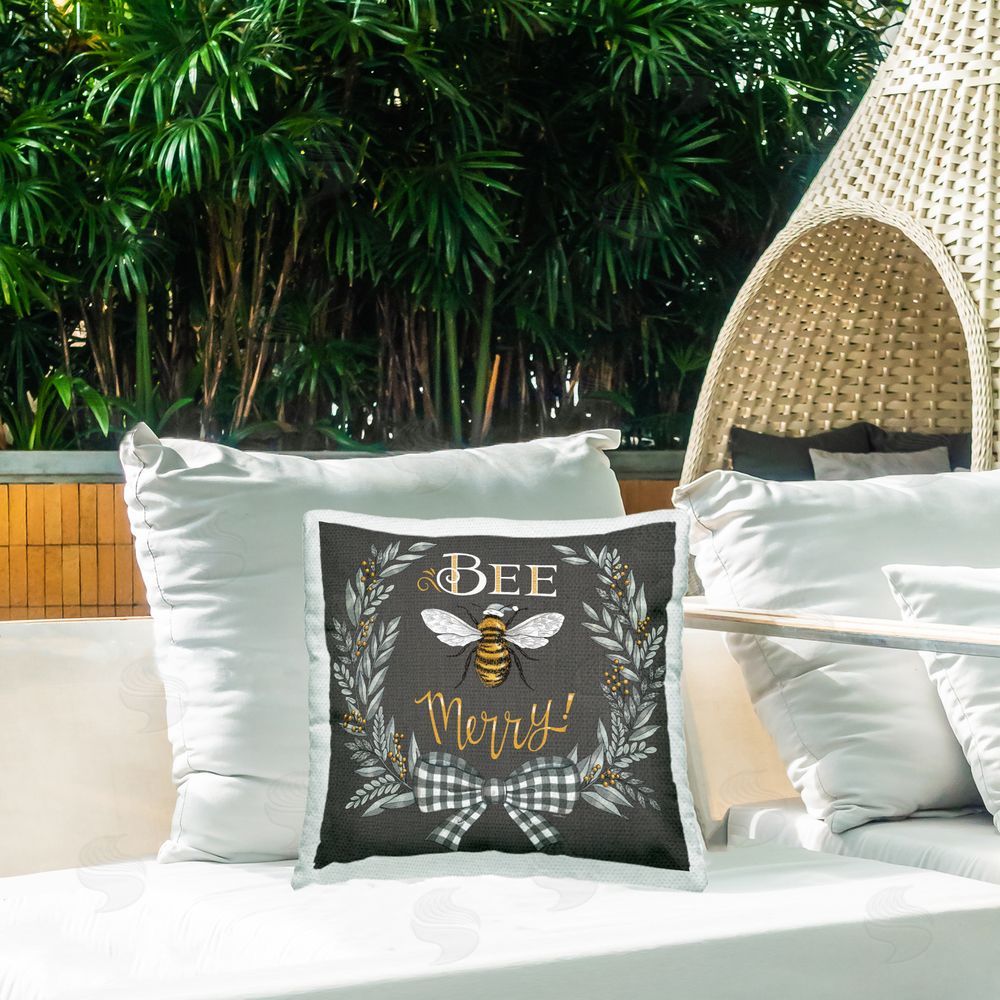 Deb Strain Bee Merry with Garland Outdoor Quick-Dry Polyester Printed Throw Pillow in Back Yard