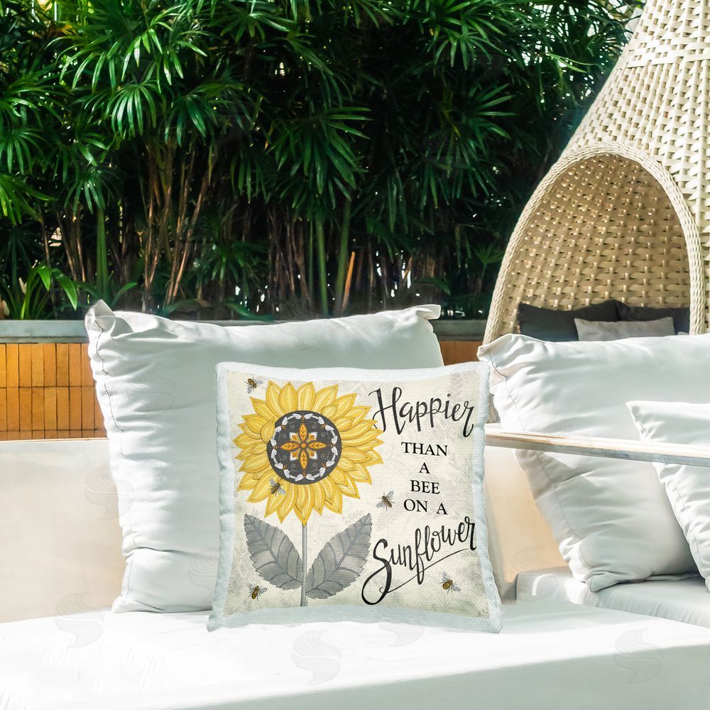 Deb Strain Happier Than Bee & Sunflower Outdoor Quick-Dry Polyester Printed Throw Pillow in Back Yard