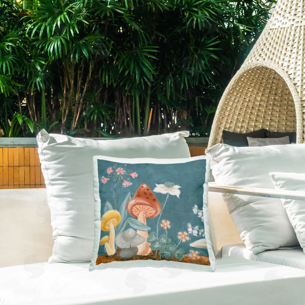 JG Studios Forest Floor Mushrooms Outdoor Quick-Dry Polyester Printed Throw Pillow in Back Yard