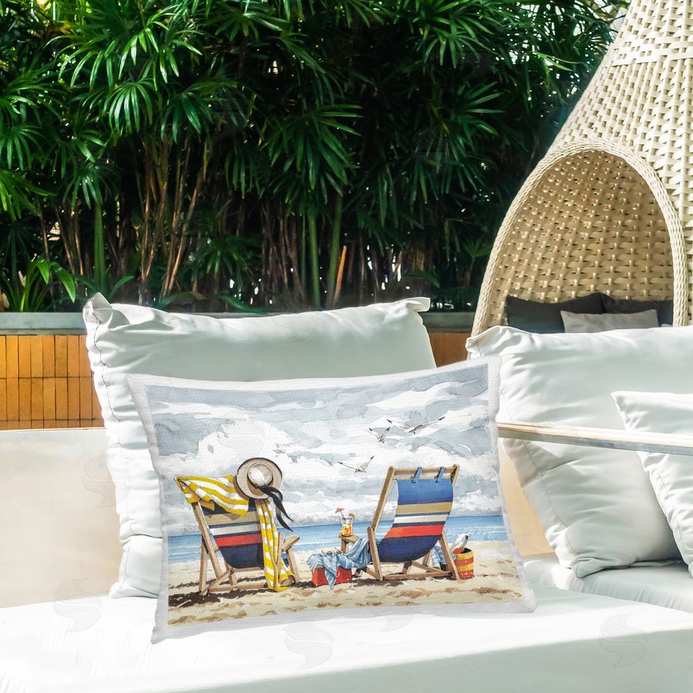 John Rossini Peaceful Beach Chairs Hangout Outdoor Quick-Dry Polyester Printed Throw Pillow in Back Yard