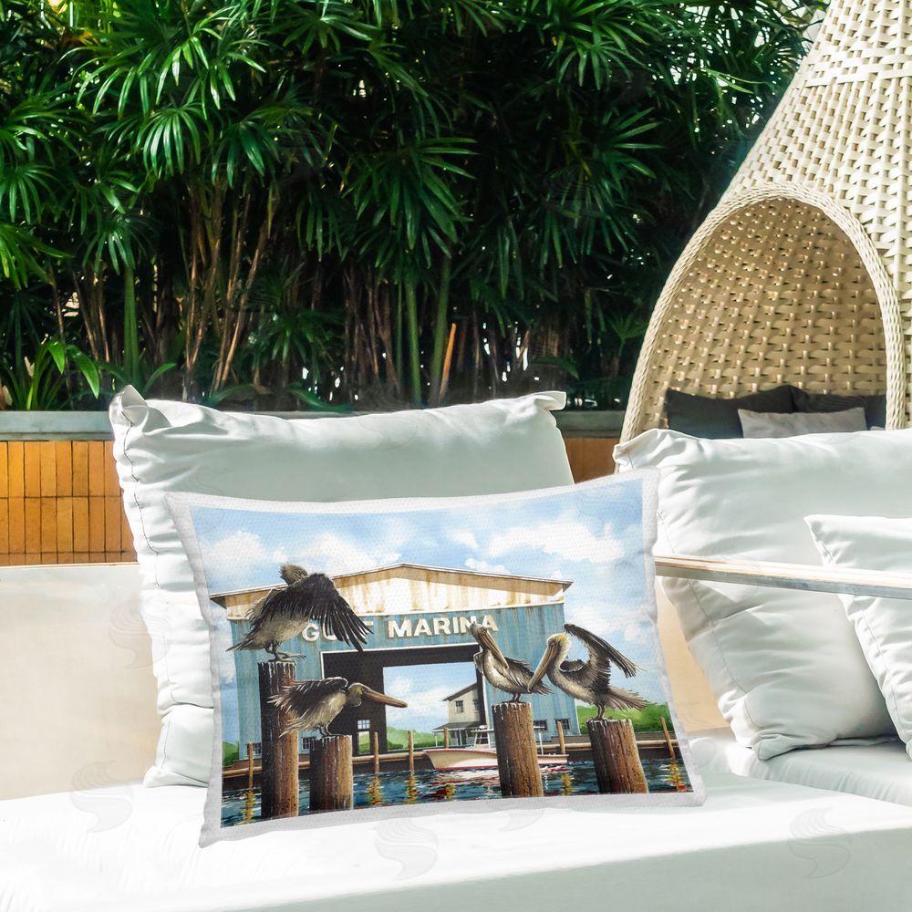 John Rossini Boat Marina Pelicans Outdoor Quick-Dry Polyester Printed Throw Pillow in Back Yard