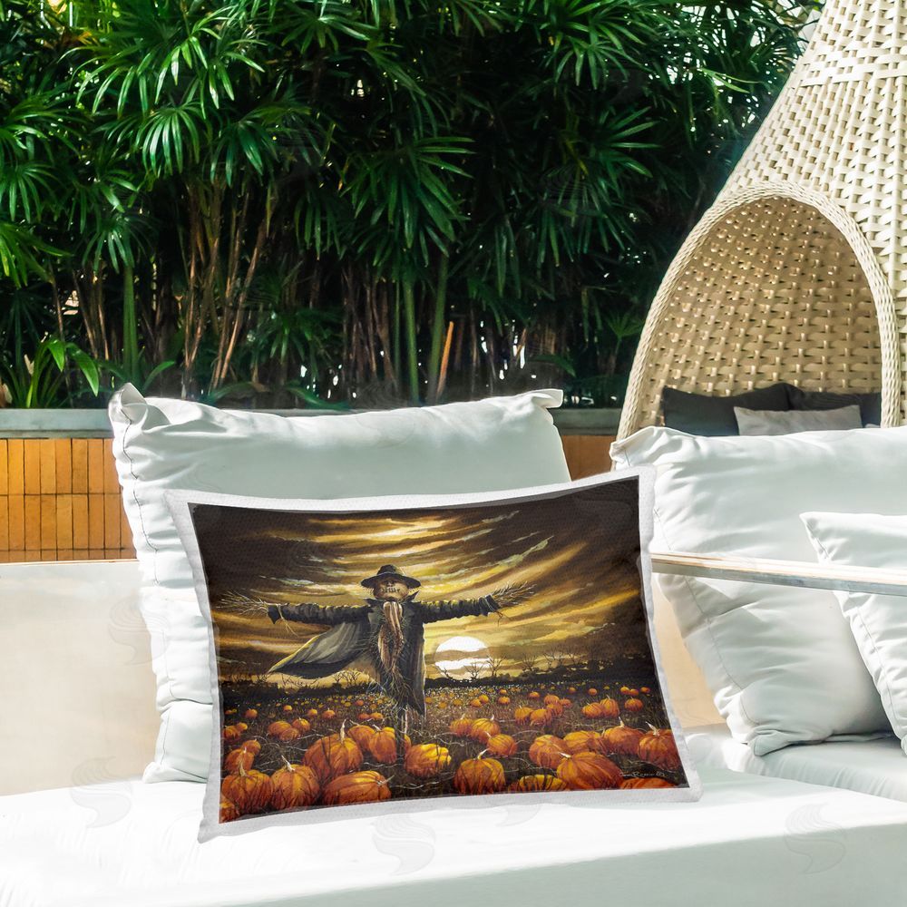 John Rossini Scarecrow in Pumpkin Field Outdoor Quick-Dry Polyester Printed Throw Pillow in Back Yard