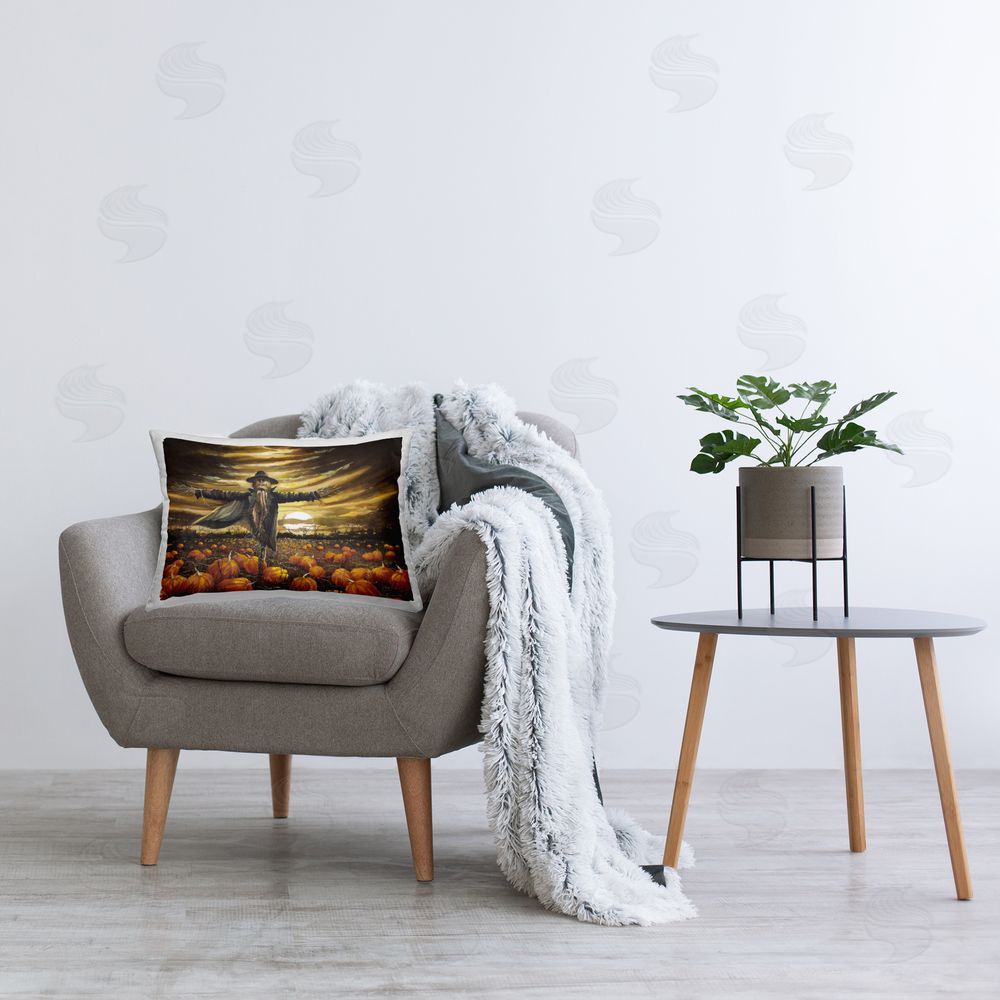 John Rossini Scarecrow in Pumpkin Field Printed Plush Polyester Throw Pillow On Chair
