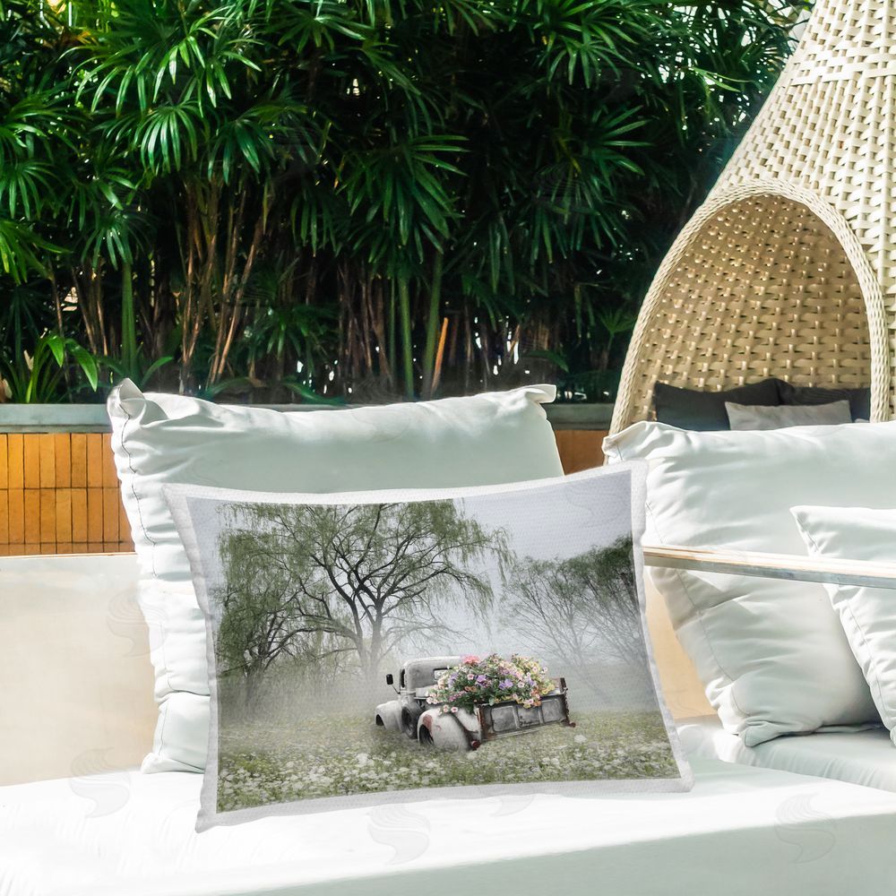 Lori Deiter Overgrown Floral Truck Outdoor Quick-Dry Polyester Printed Throw Pillow in Back Yard