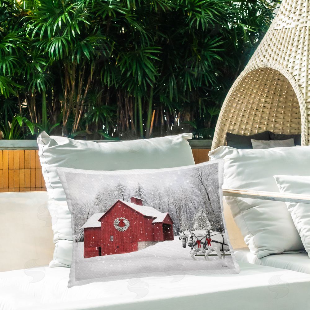 Lori Deiter Snow Covered Red Barn Outdoor Quick-Dry Polyester Printed Throw Pillow in Back Yard