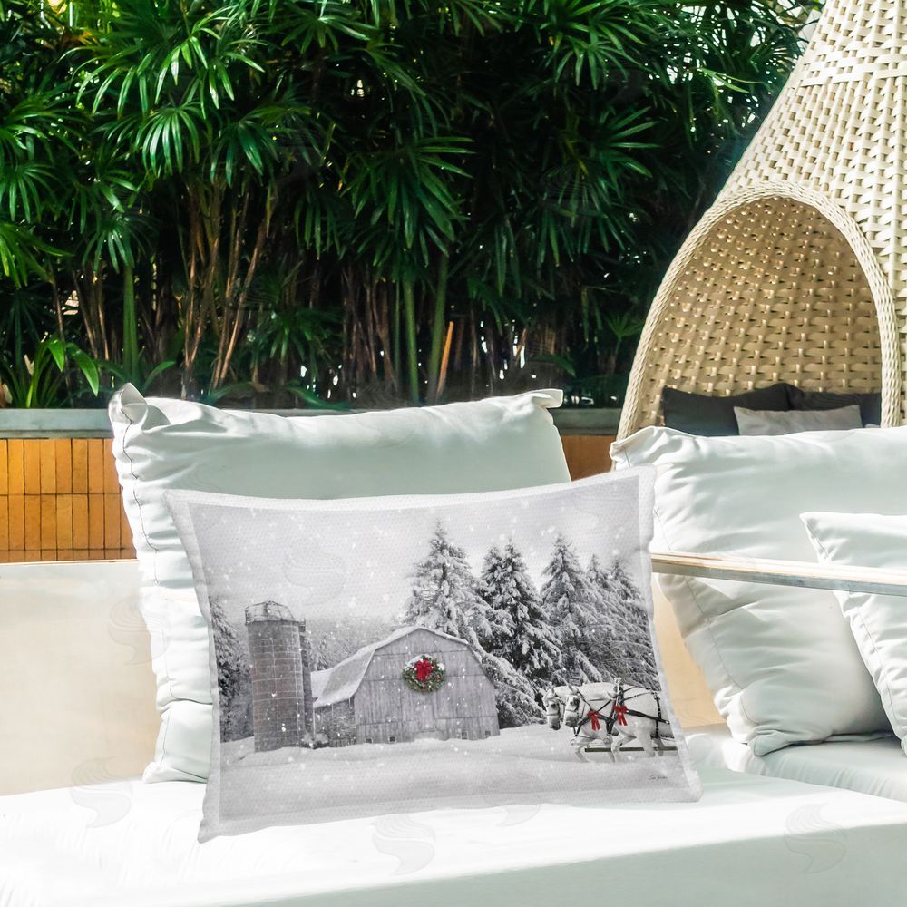 Lori Deiter Snowy Barn & Horses Outdoor Quick-Dry Polyester Printed Throw Pillow in Back Yard