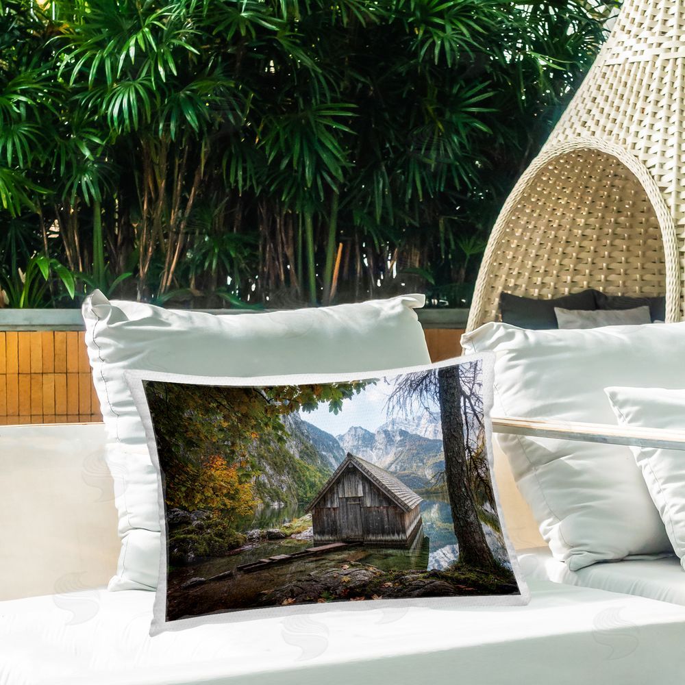 Masey St. Studios Mystical Cabin on Lake Outdoor Quick-Dry Polyester Printed Throw Pillow in Back Yard