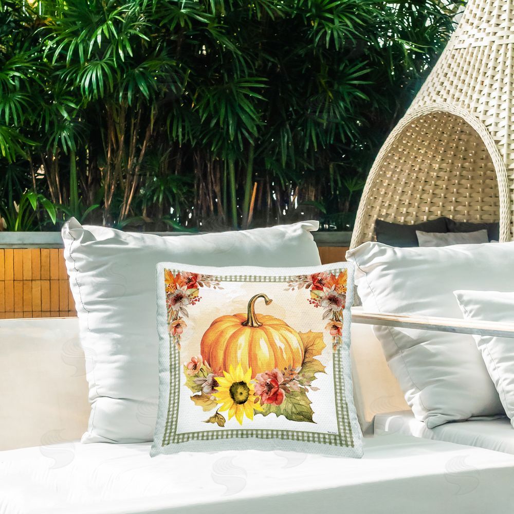 Nicole DeCamp Pumpkin with Flower Accent Outdoor Quick-Dry Polyester Printed Throw Pillow in Back Yard