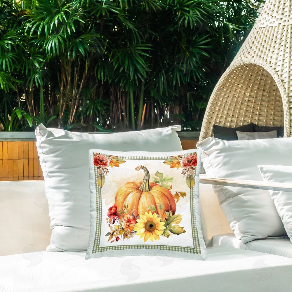 Nicole DeCamp Gingham Bordered Pumpkin Outdoor Quick-Dry Polyester Printed Throw Pillow in Back Yard