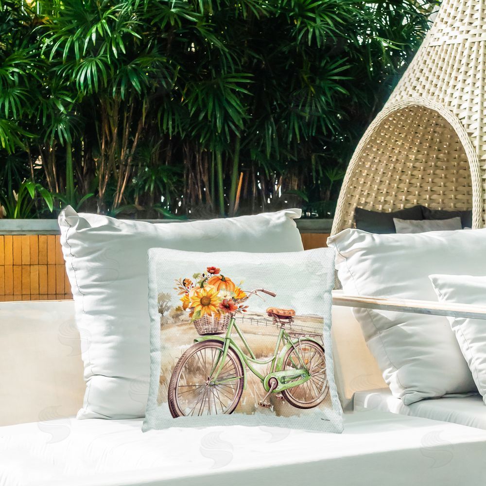 Nicole DeCamp Fall Florals Bicycle Outdoor Quick-Dry Polyester Printed Throw Pillow in Back Yard