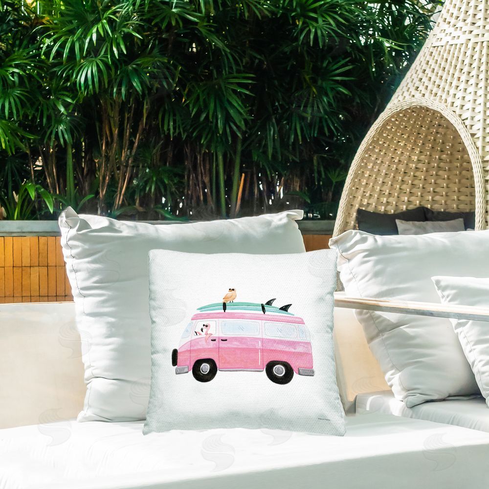 Rachel Nieman Summer Birds & Van Outdoor Quick-Dry Polyester Printed Throw Pillow in Back Yard