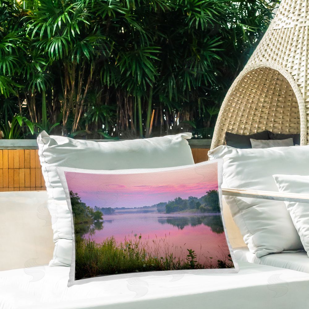 Marty Hulsebos Pink Dawn Sunrise Lake Outdoor Quick-Dry Polyester Printed Throw Pillow in Back Yard