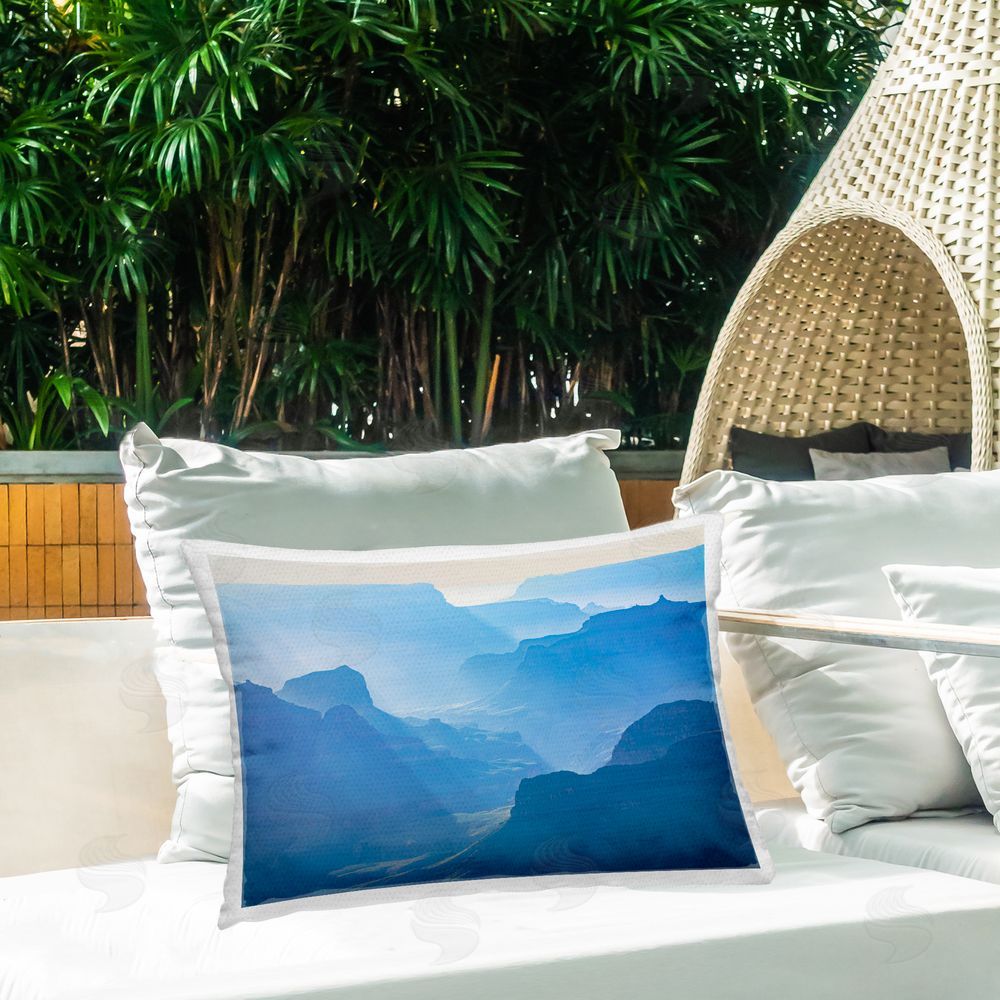 Marty Hulsebos Blue Sunlit Peaks Outdoor Quick-Dry Polyester Printed Throw Pillow in Back Yard