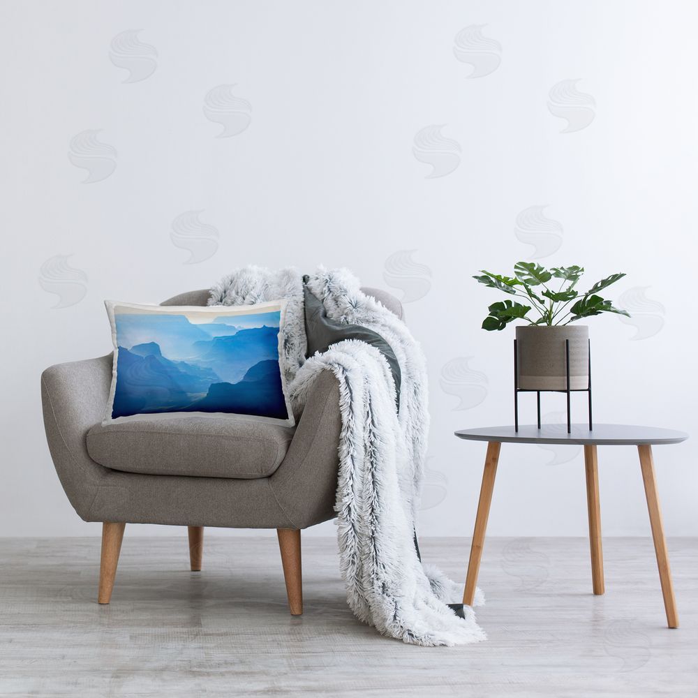 Marty Hulsebos Blue Sunlit Peaks Printed Plush Polyester Throw Pillow On Chair