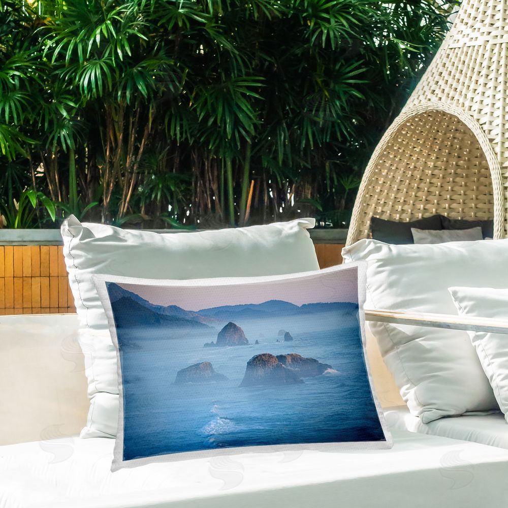 Marty Hulsebos Rocks Protruding from Sea Outdoor Quick-Dry Polyester Printed Throw Pillow in Back Yard