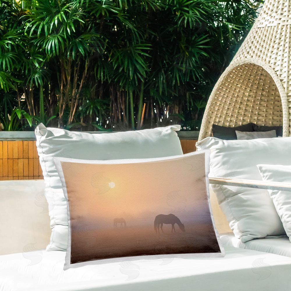 Marty Hulsebos Misty Sunlit Horses Outdoor Quick-Dry Polyester Printed Throw Pillow in Back Yard