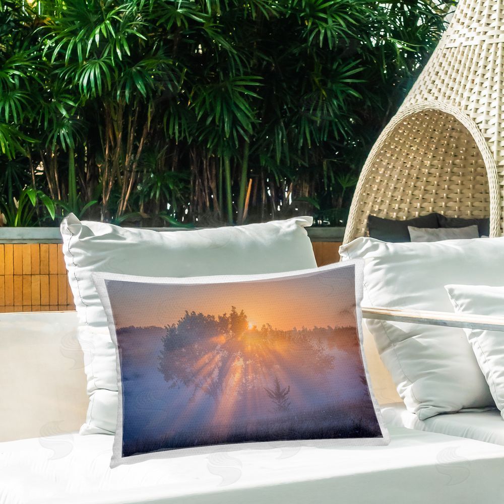 Marty Hulsebos Sun Rays Peeking Landscape Outdoor Quick-Dry Polyester Printed Throw Pillow in Back Yard