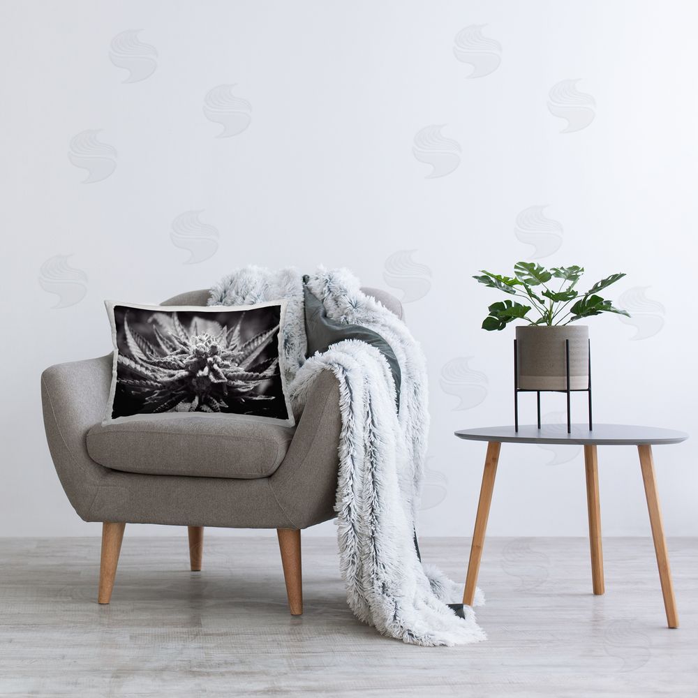 LIH Monochrome Cannabis Flower Printed Plush Polyester Throw Pillow On Chair