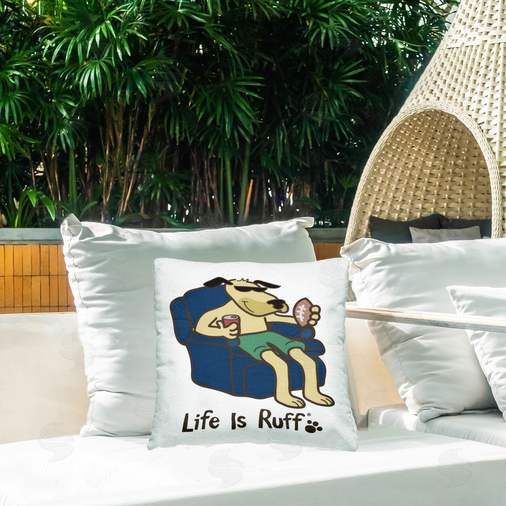 LIR Lounging Dog with Football Outdoor Quick-Dry Polyester Printed Throw Pillow in Back Yard
