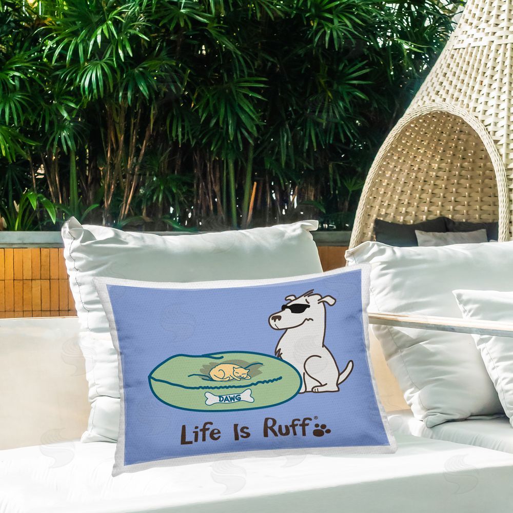 LIR Cat on Dog Bed Outdoor Quick-Dry Polyester Printed Throw Pillow in Back Yard