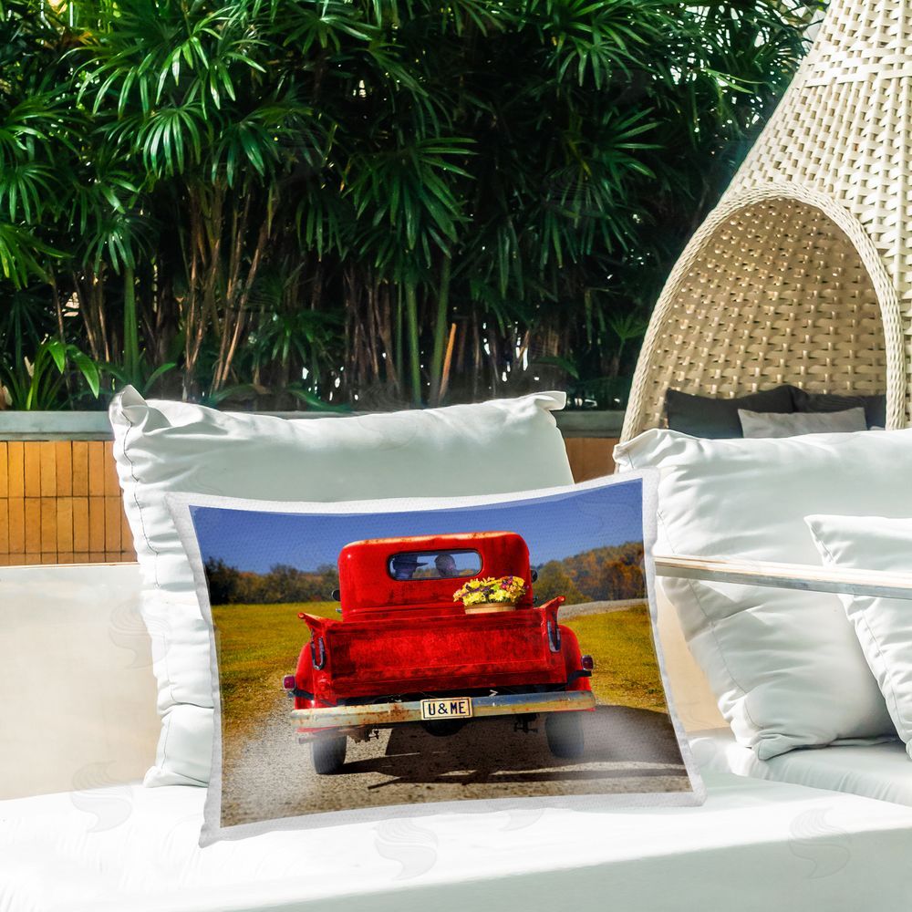 Michael Quackenbush Cowboy in Red Truck Outdoor Quick-Dry Polyester Printed Throw Pillow in Back Yard