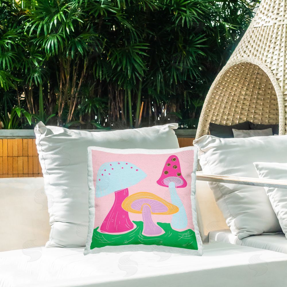 Deidre Mosher Groovy Mushrooms Dancing Outdoor Quick-Dry Polyester Printed Throw Pillow in Back Yard