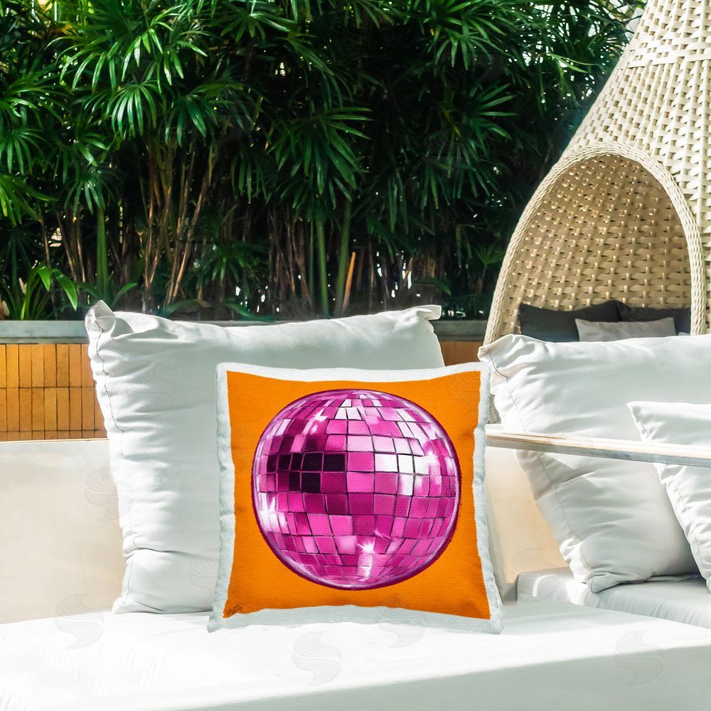 Elizabeth Medley Disco Ball on Orange Outdoor Quick-Dry Polyester Printed Throw Pillow in Back Yard