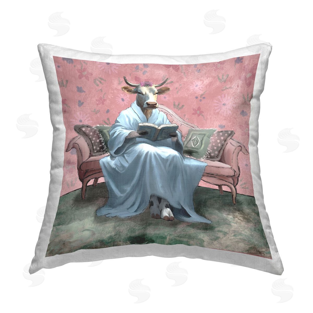 Elizabeth Medley Cow Reading Evening Book Printed Plush Polyester Throw Pillow