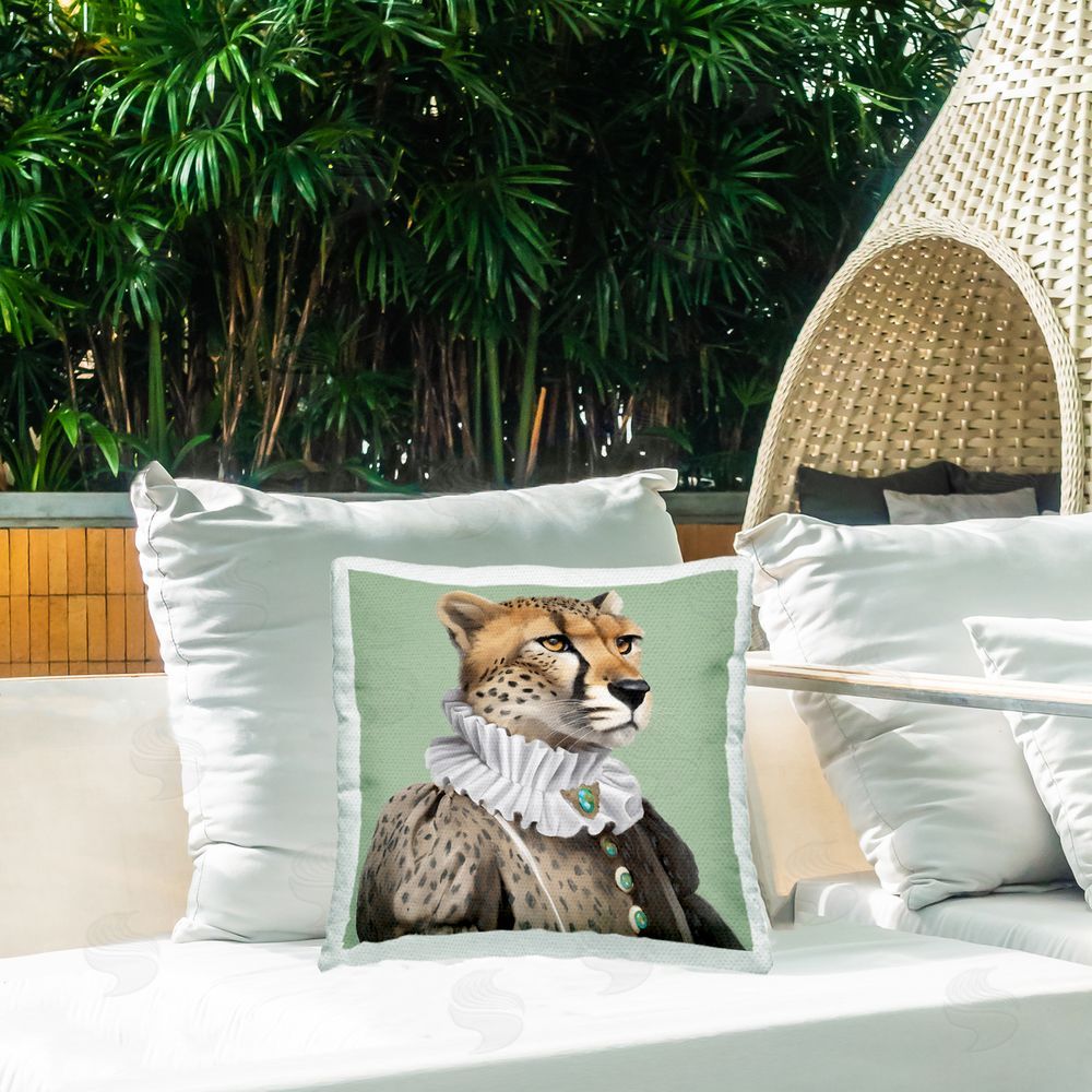Elizabeth Medley Madame Cheetah Portrait Outdoor Quick-Dry Polyester Printed Throw Pillow in Back Yard