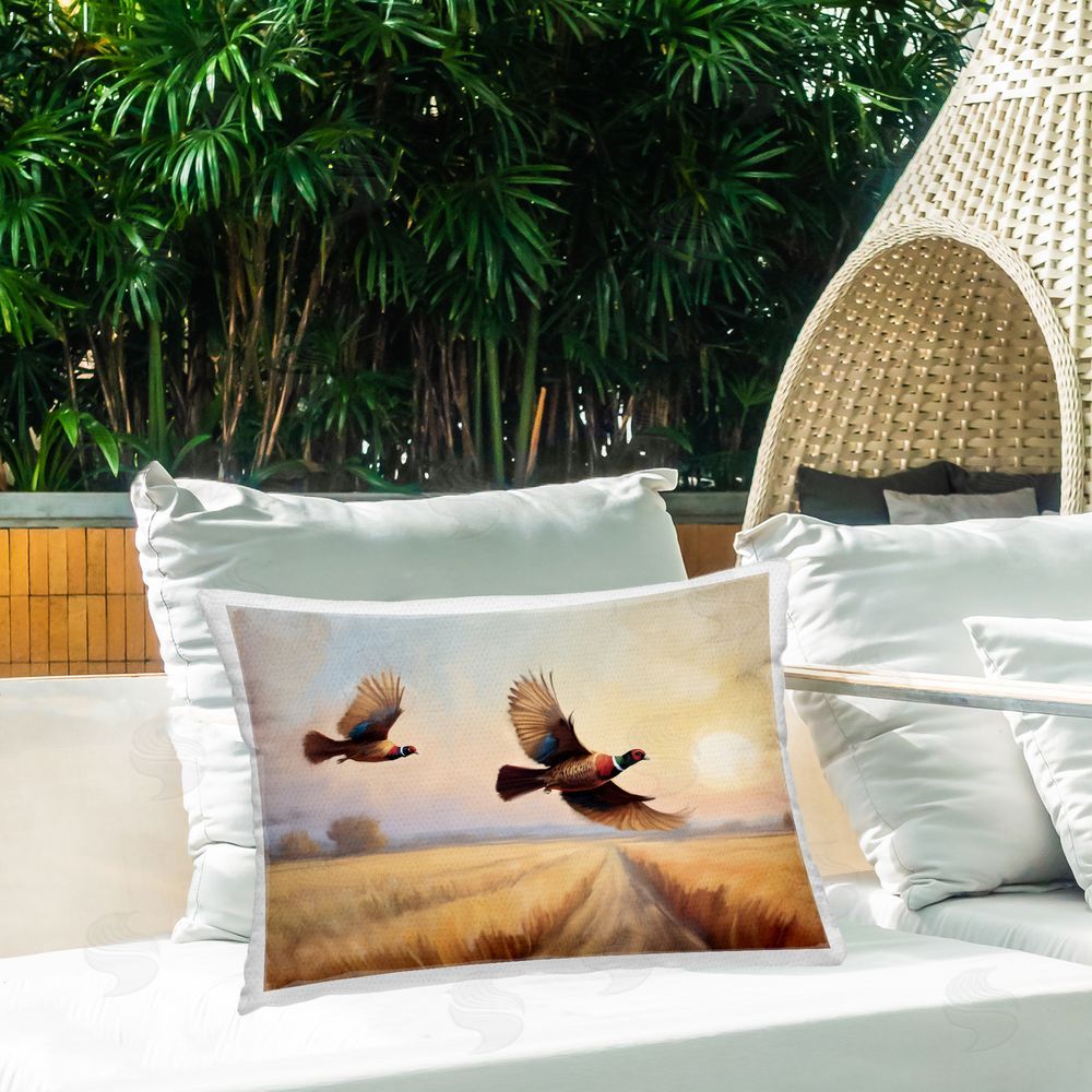 Kim Allen Fall Flight Pheasants Outdoor Quick-Dry Polyester Printed Throw Pillow in Back Yard