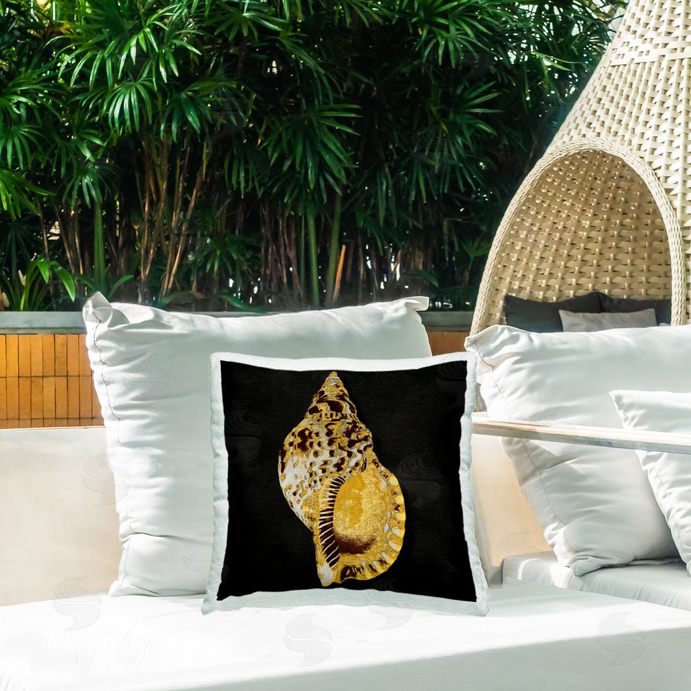 Caroline Kelly Gold Conch on Black Outdoor Quick-Dry Polyester Printed Throw Pillow in Back Yard