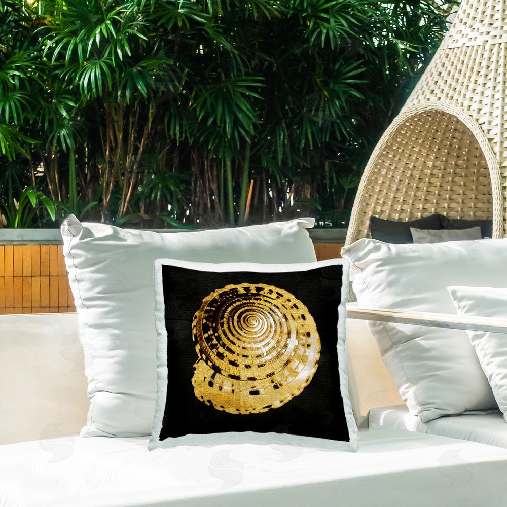 Caroline Kelly Gold Spiral Shell Outdoor Quick-Dry Polyester Printed Throw Pillow in Back Yard