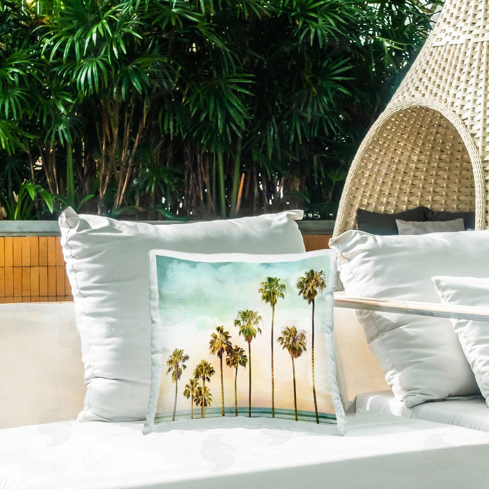 Devon Davis Angled Palm Trees Outdoor Quick-Dry Polyester Printed Throw Pillow in Back Yard