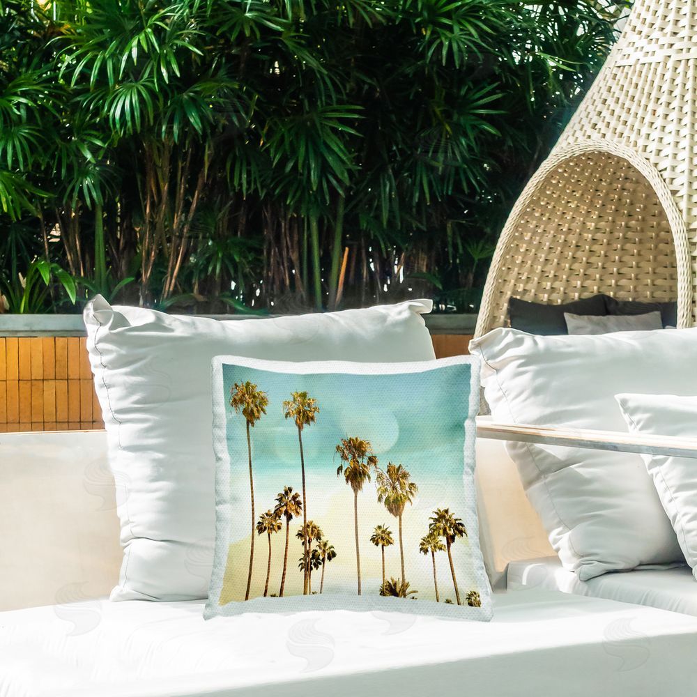 Devon Davis Palm Tree Beach Sky Outdoor Quick-Dry Polyester Printed Throw Pillow in Back Yard