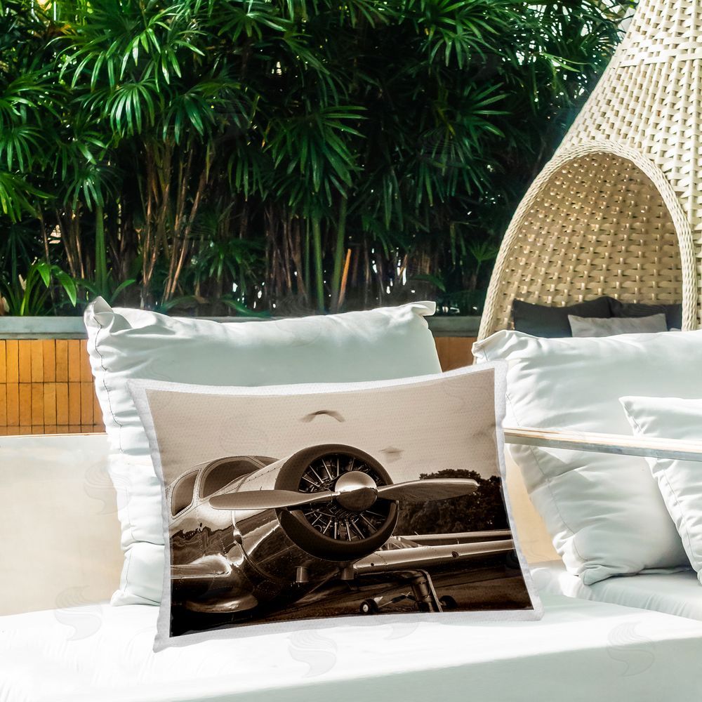 John Slemp Vintage Propeller View Outdoor Quick-Dry Polyester Printed Throw Pillow in Back Yard