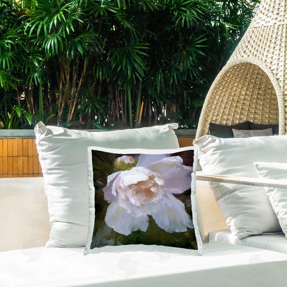 Katie Swatland Ruffled Petals White Flower Outdoor Quick-Dry Polyester Printed Throw Pillow in Back Yard