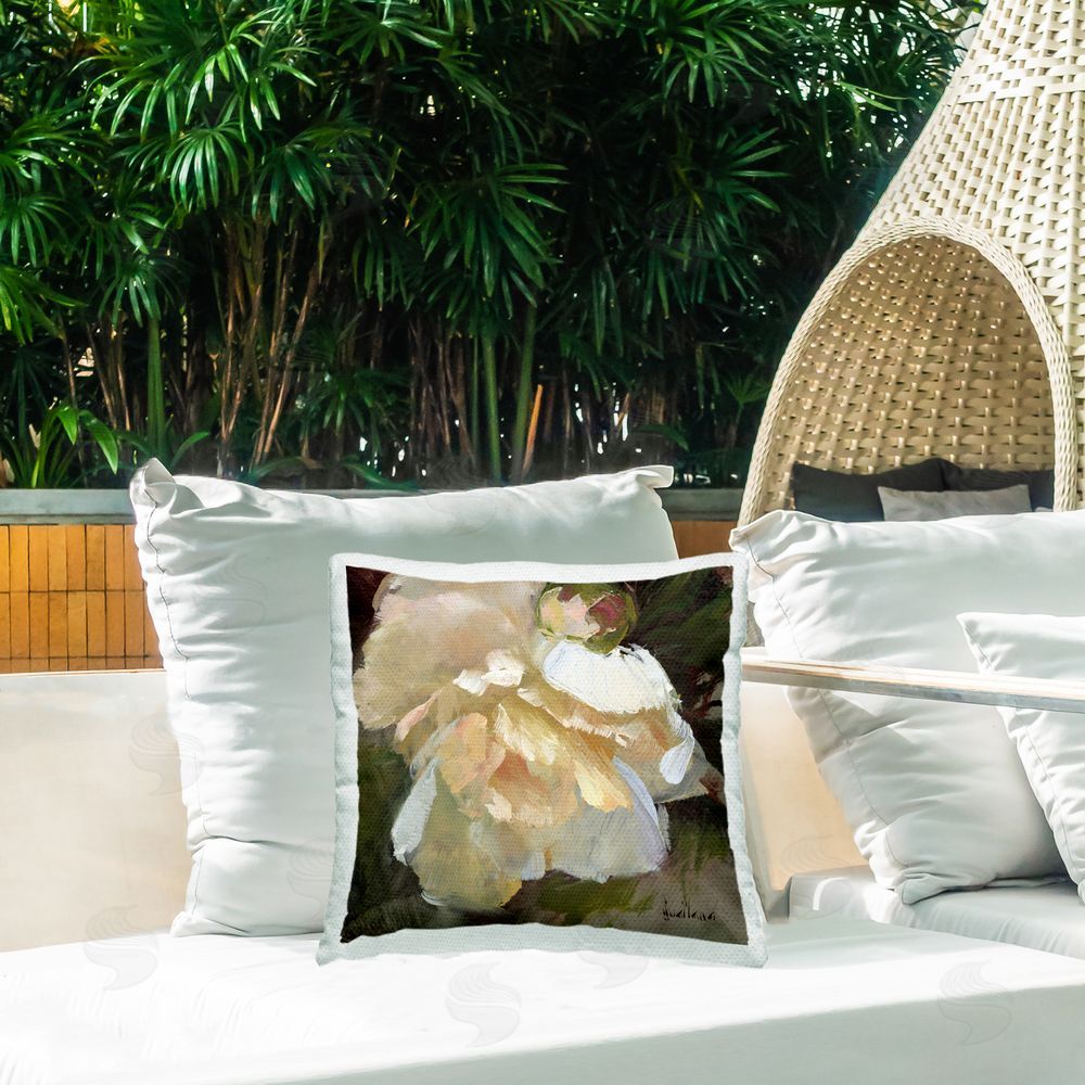 Katie Swatland Ruffled White Flower Outdoor Quick-Dry Polyester Printed Throw Pillow in Back Yard