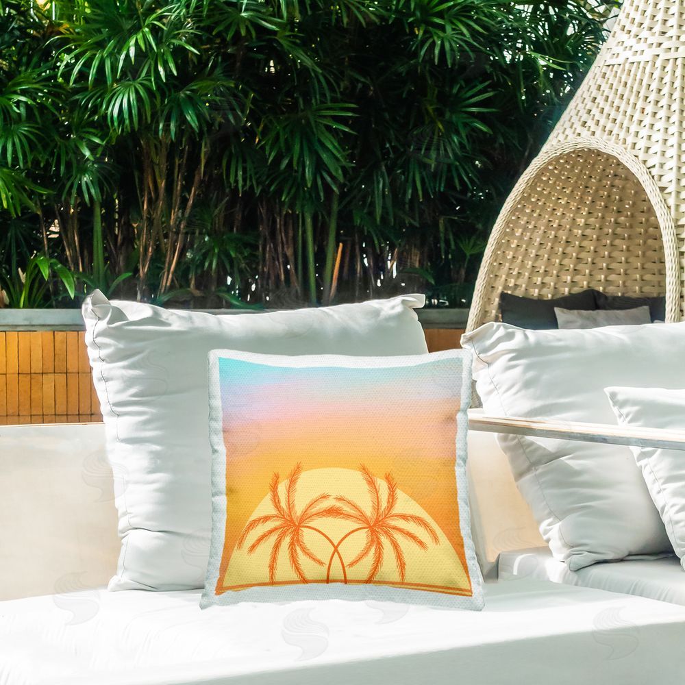 Ashley Singleton Retro Sunset Palm Trees Outdoor Quick-Dry Polyester Printed Throw Pillow in Back Yard