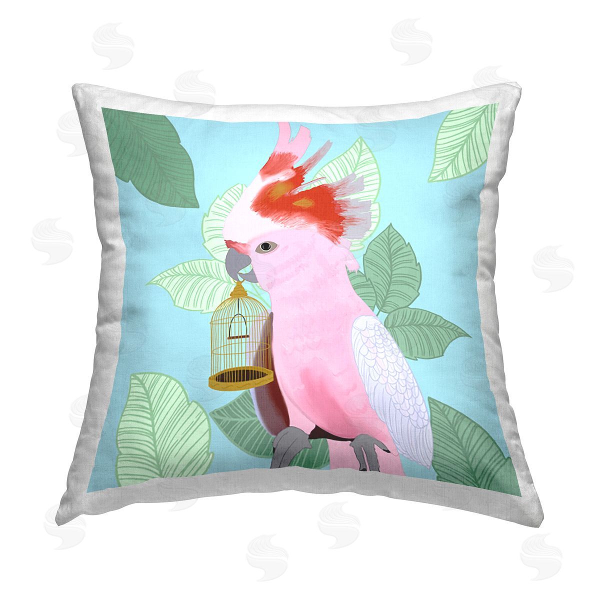 Ashley Singleton Pink Cockatoo with Leaves Printed Plush Polyester Throw Pillow