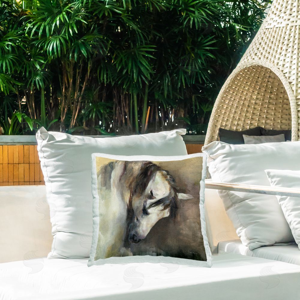 Marilyn Hageman Classical White Horse Outdoor Quick-Dry Polyester Printed Throw Pillow in Back Yard