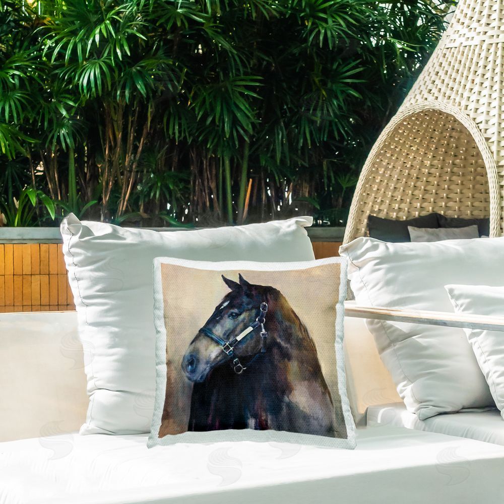 Marilyn Hageman Ritzy Black Horse Outdoor Quick-Dry Polyester Printed Throw Pillow in Back Yard