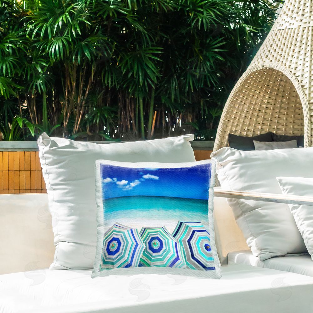 Charlie Carter Three Beach Umbrellas View Outdoor Quick-Dry Polyester Printed Throw Pillow in Back Yard